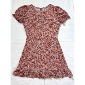 Mi Ami Pink Floral Dress Women’s M Fit & Flare‎ Skater Ruffle Hem Puff Sleeve